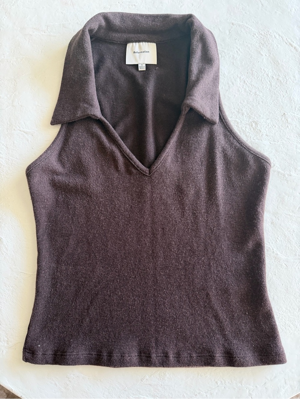 Reformation Dark Brown Sleeveless V-Neck Collared Knit Top - Picture 7 of 8